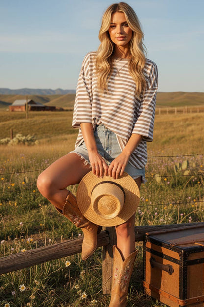 STRIPED OVERSIZED SHORT SLEEVE TOP : CREAM/TAUPE