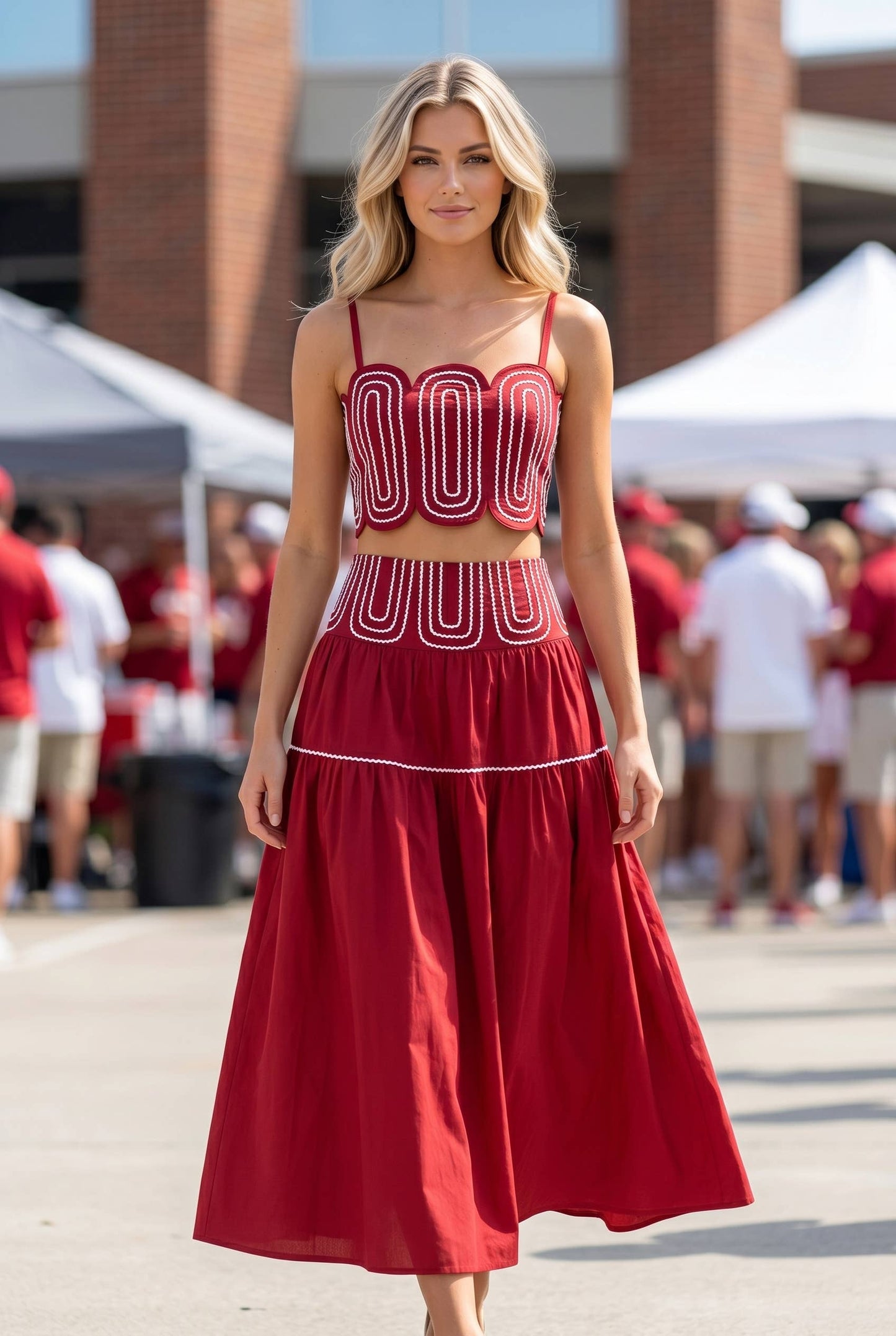 Exclusive Lace Trimmed Top & Skirt Set: CRIMSON/WHITE / L