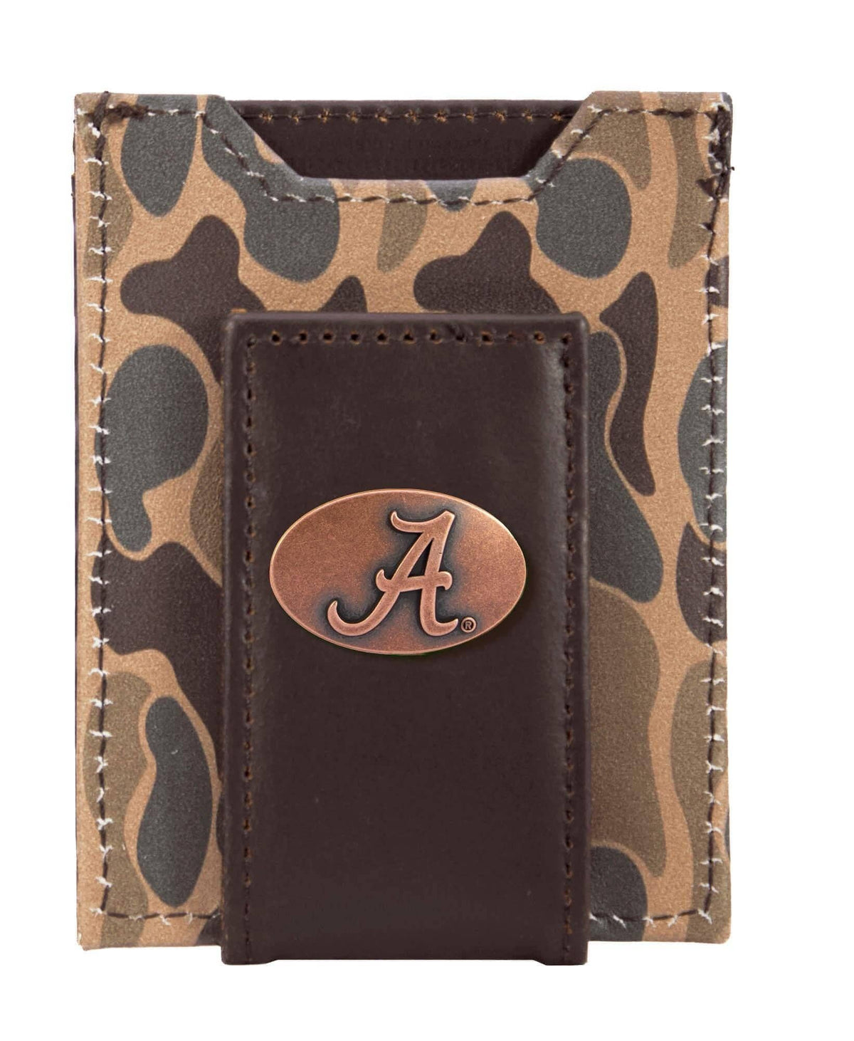 Alabama Crimson Tide Men's Magnetic Front Pocket Old School Camo Leather Wallet.: Brown/Tan Camo