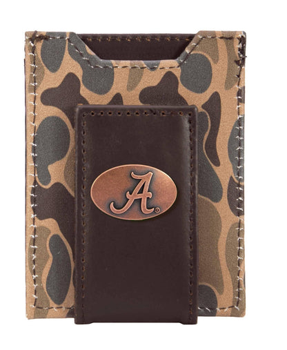 Alabama Crimson Tide Men's Magnetic Front Pocket Old School Camo Leather Wallet.: Brown/Tan Camo