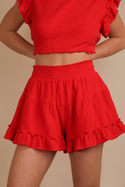NT12150SET-Ruffled Solid Woven Top & Shorts Set: SAGE