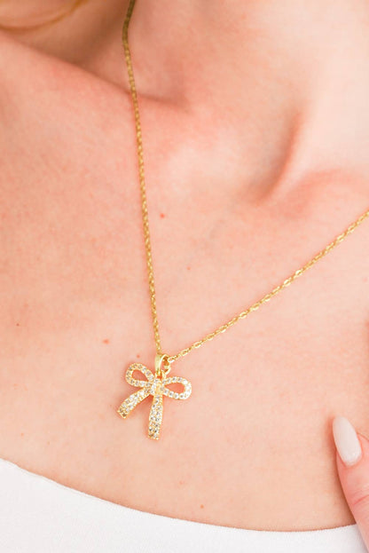 Plated Rhinestone Bowknot Pendant Necklace: Gold