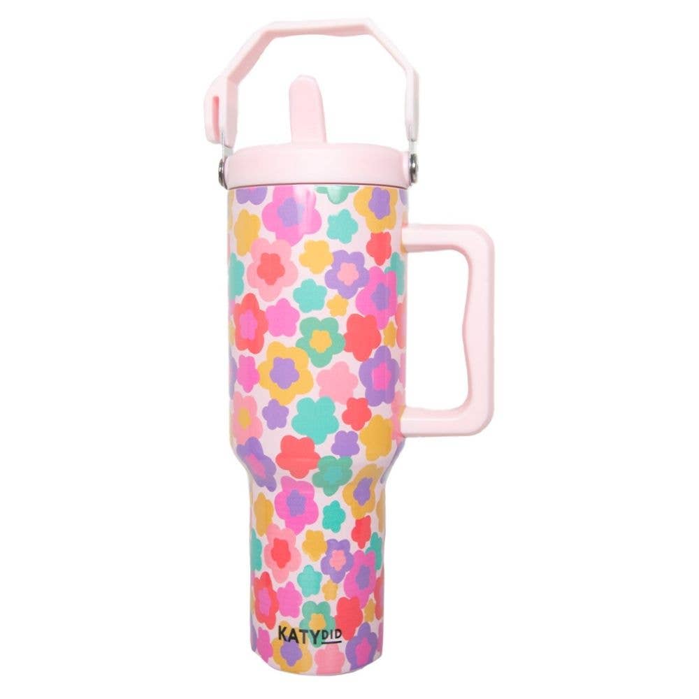 Groovy Multicolored Flowers Easter Tumbler with Straw: Light Pink