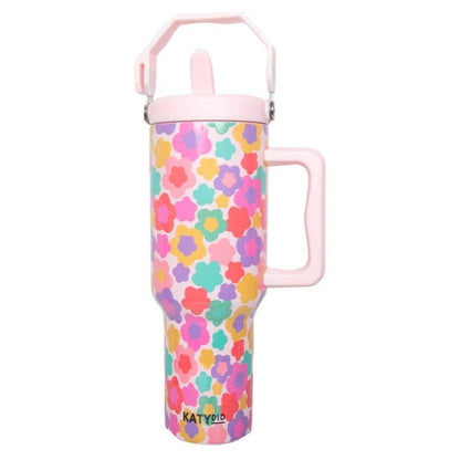 Groovy Multicolored Flowers Easter Tumbler with Straw: Light Pink
